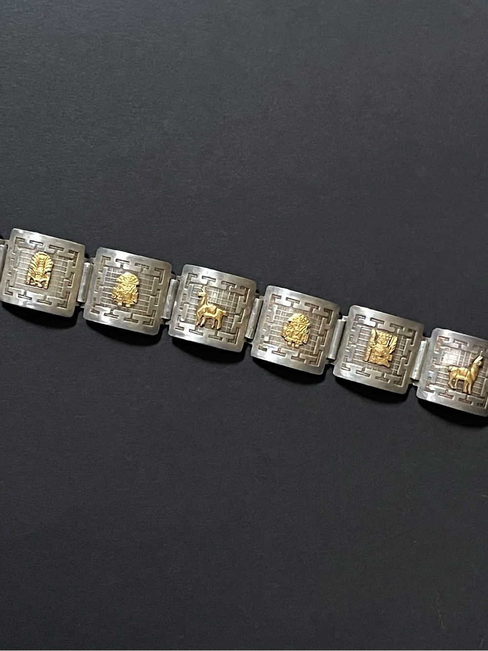 Vintage Peruvian Silver and Gold Panel Link Bracelet